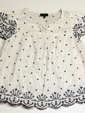 Lane Bryant White Cotton-Linen Blouse with Black Embroidery